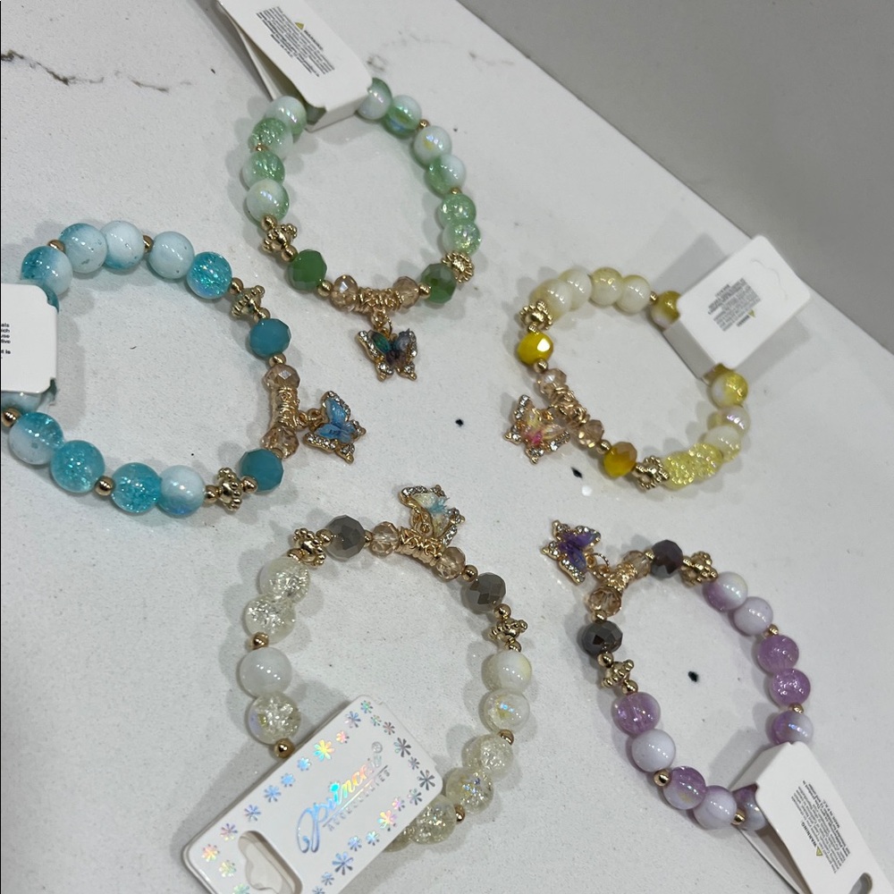 Gold-Tone Butterfly Beaded Bracelet - Pastel Multi Colors